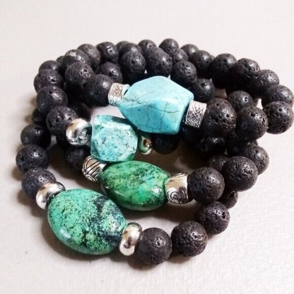 Turquoise Howlite & Black Lava Rock Bracelet! Thick, Solid & Chunky Stone Beads - Picture 10 of 10
